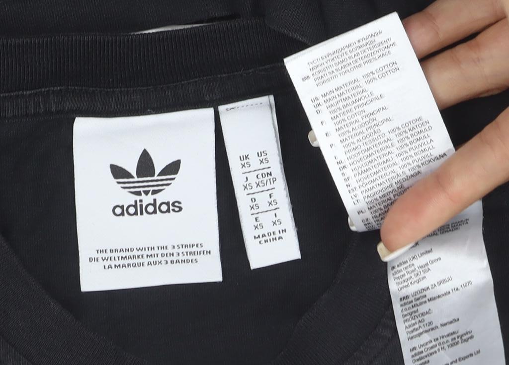 Brand and care label for Adidas Men's Black XS Trefoil Logo Short Sleeve Cotton T-Shirt
