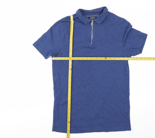 BoohooMAN Men's Blue Short Sleeve Polo Shirt Size S Zip Collar
