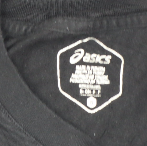 Brand and care label for Asics women’s black small basic sports logo cotton t-shirt