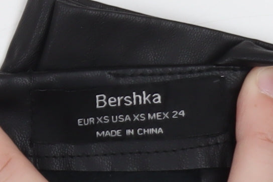 Bershka Womens Black Faux Leather Slip Dress XS Belted Partywear