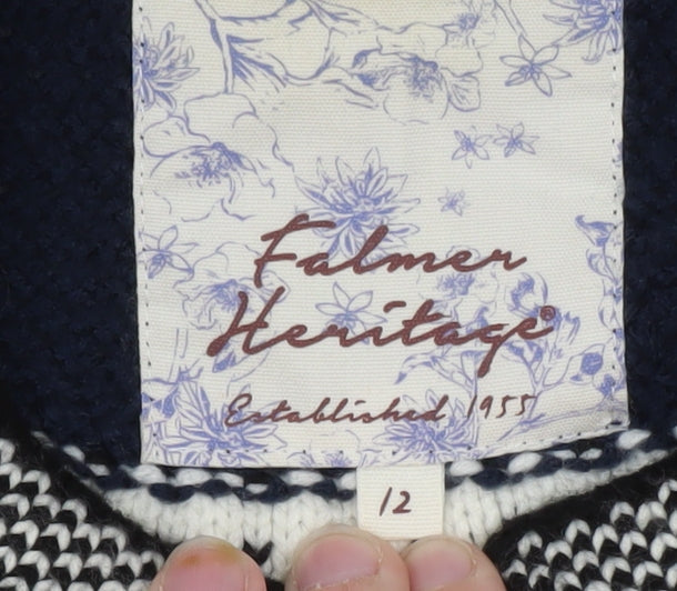 Brand and care label for Falmer Heritage Women's Blue Geometric Knit Cardigan, size 12
