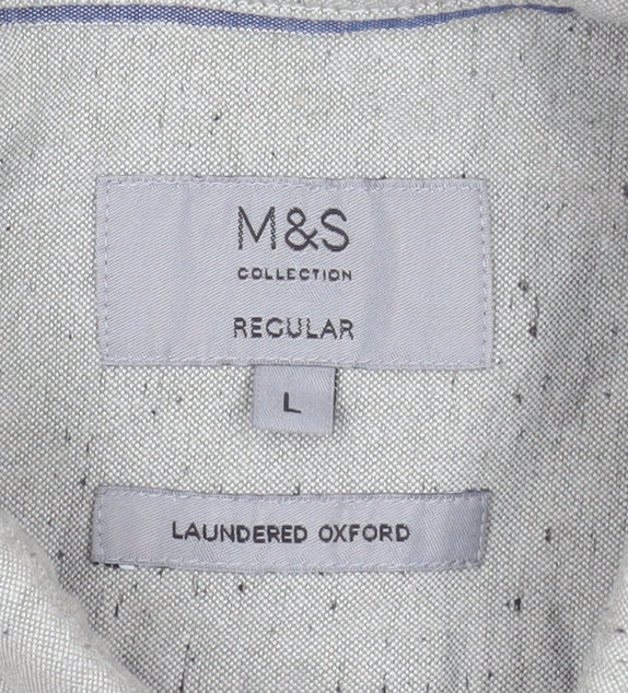 Marks and Spencer Men's Grey Short Sleeve Button-Up Oxford Shirt L