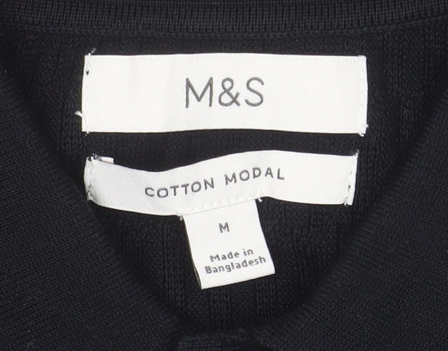 Marks and Spencer Mens Black Cotton Modal Long Sleeve Polo M