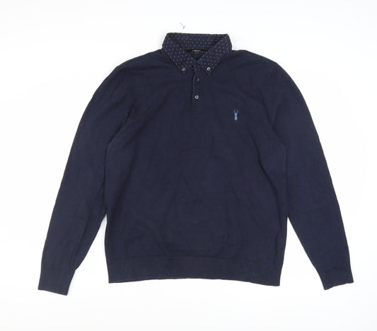 Next Men's Blue Collared Cotton Blend Pullover Jumper Size L