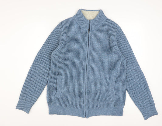 Cotton Traders Men's Blue Full Zip Chunky Knit Jumper Size S