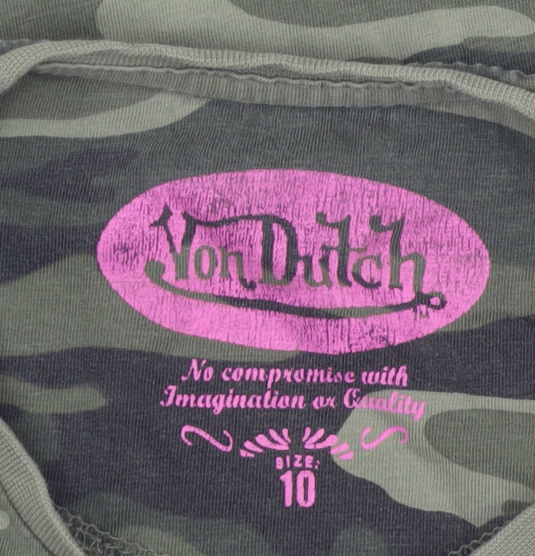 Von Dutch Women's Green Camouflage T-Shirt Size 10 Slim Fit