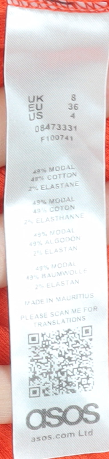Brand and care label for ASOS Women Orange, size 8, Slip Dress Sleeveless Stretch Modal Cotton