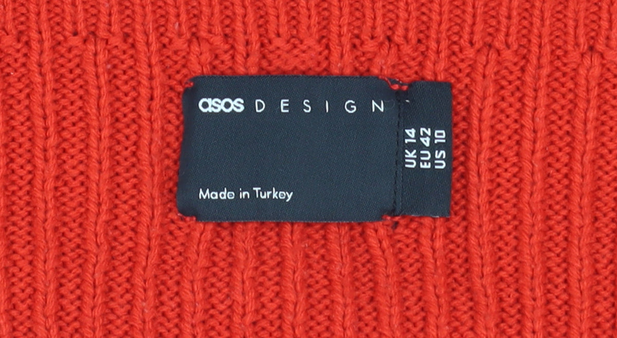 Brand and care label for ASOS DESIGN Women Red, size 14, Boat Neck Slim Fit Ribbed Jumper