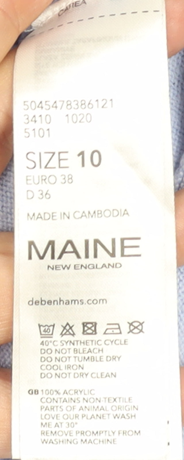 Brand and care label for Maine New England Women's Blue Cardigan, size 10, Acrylic Knit