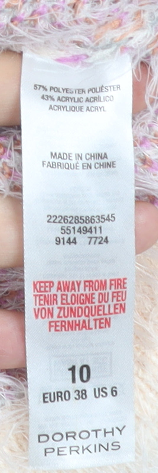 Brand and care label for Dorothy Perkins Women Ivory Check Fuzzy Knit Jumper, size 10