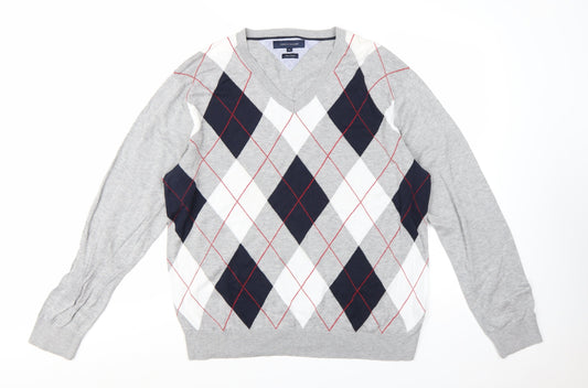 Tommy Hilfiger Men’s Grey Argyle Pima Cotton V-Neck Jumper XL