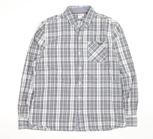 Lee Cooper Men's Grey Plaid Cotton Button-Up Shirt L