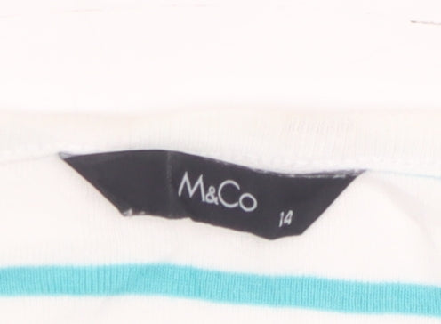 M&Co Womens White Striped V-Neck Cotton Short Sleeve T-Shirt Size 14