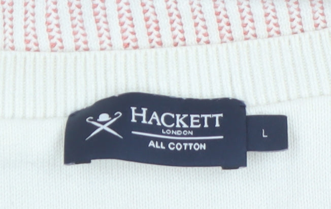 Hackett London Men's Beige Striped Cotton Crew Neck Jumper Size L
