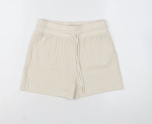 Additional front view of ASOS 4505 women’s beige knit sweat shorts, size UK 6, high rise
