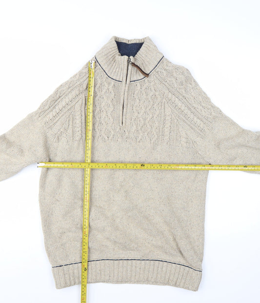 Mantaray Men's Beige Wool Blend 1/4 Zip Cable Knit Jumper M