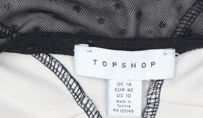 Topshop Women Black Mesh Sheer Bodysuit Size 14 Sweetheart Neck