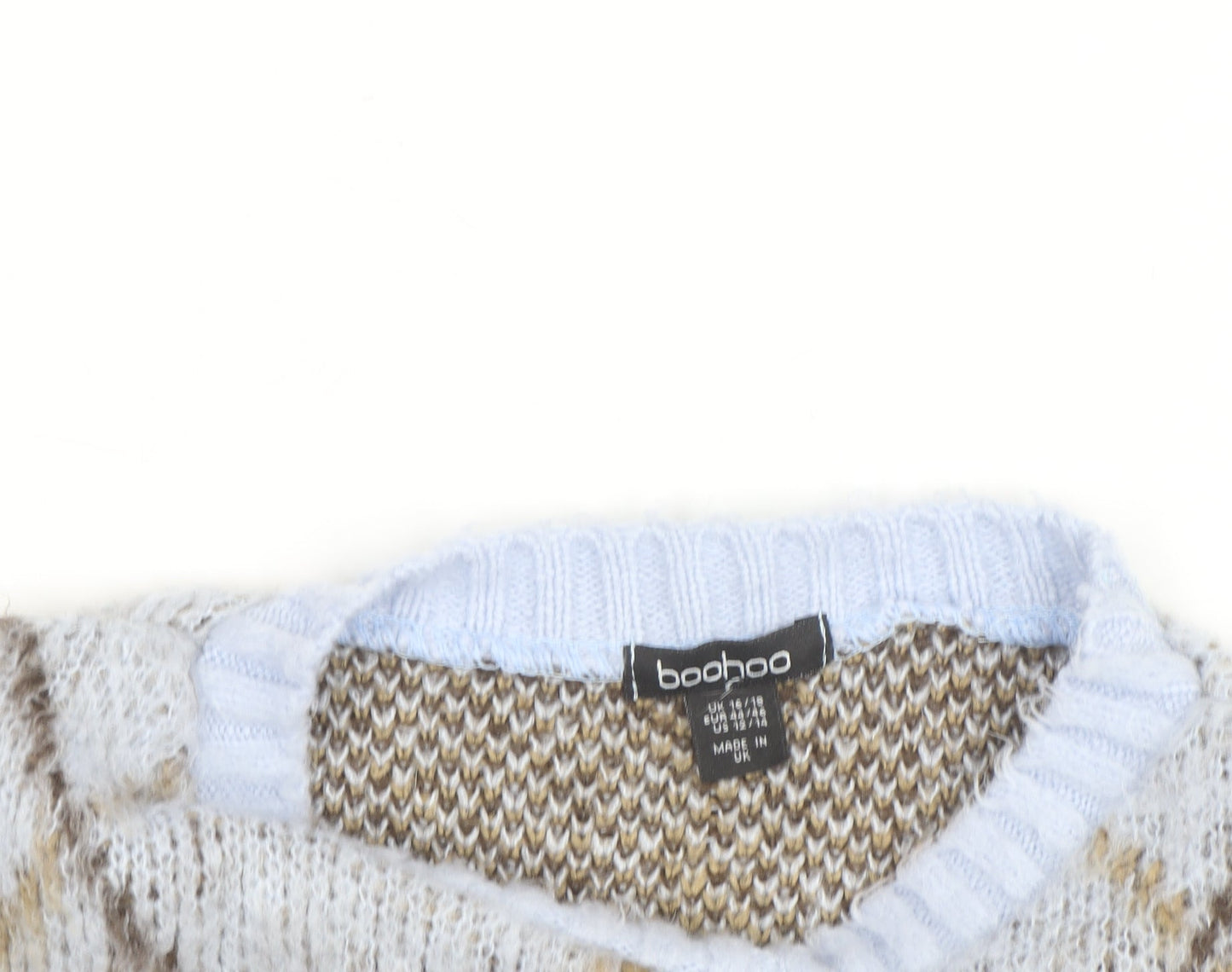 Boohoo Women Beige Argyle Knit Crew Neck Pullover Jumper Size 16/18