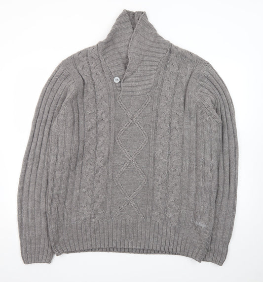 Lee Cooper Men's Grey 2XL Cable-Knit Shawl Collar Jumper