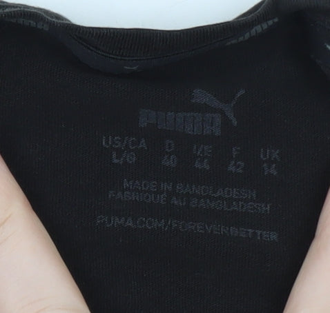 Brand and care label for Puma women’s black crew neck logo t-shirt, size UK 14