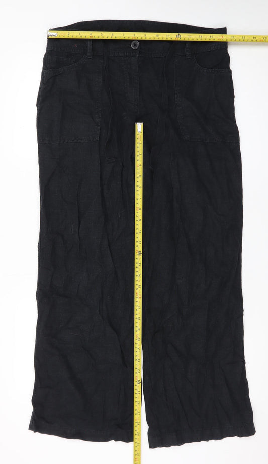 Next Women Black Linen Blend Wide-Leg Trousers Size 12R
