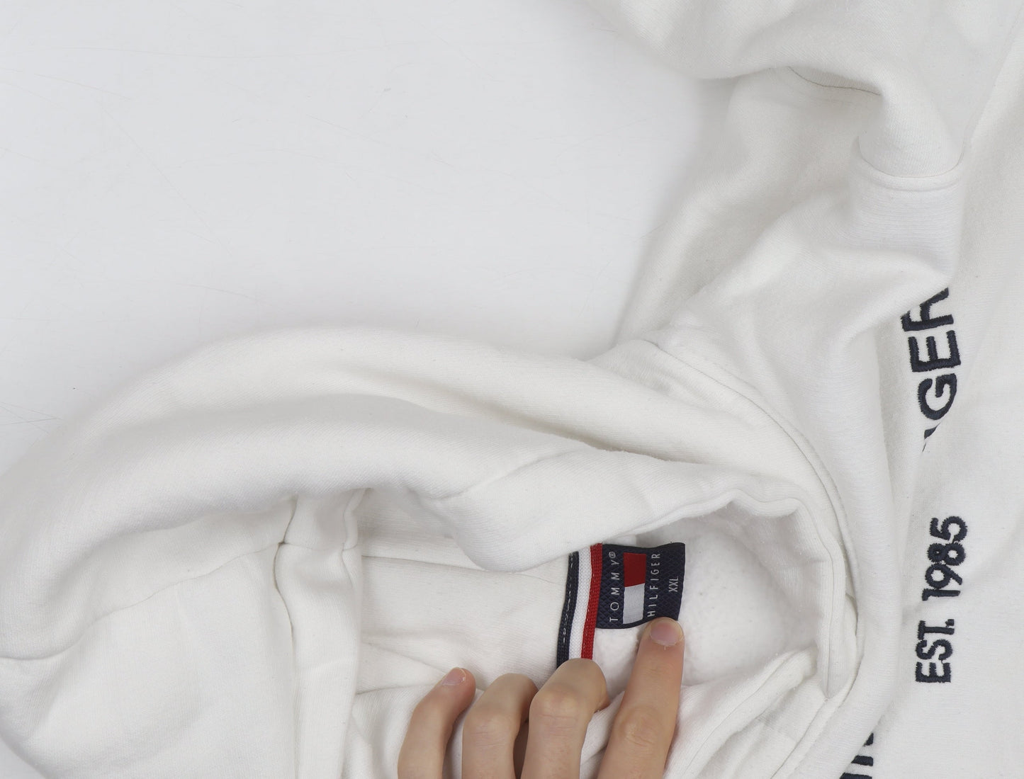 Tommy Hilfiger Men’s White 2XL Pullover Hoodie Embroidered Fleece