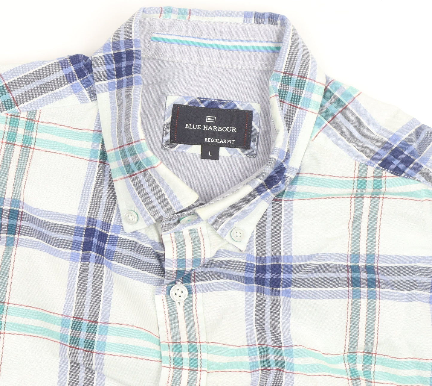 Marks and Spencer Blue Harbour Men's Blue Plaid Short Sleeve Cotton Shirt L