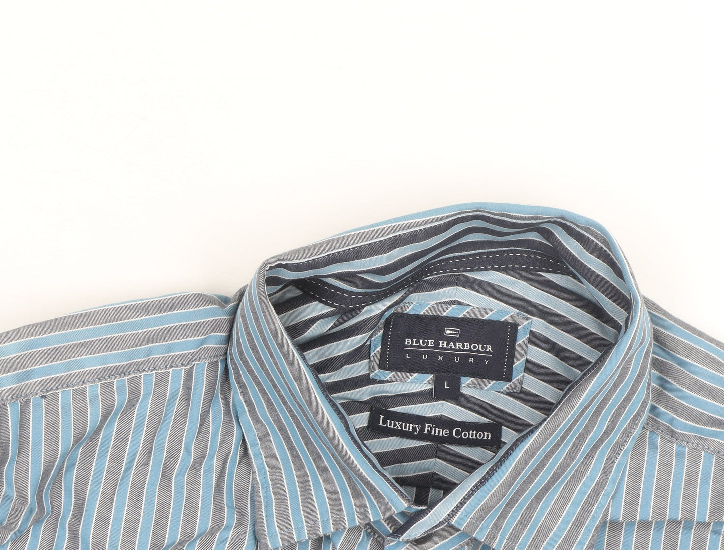 Marks and Spencer Blue Harbour Men's Blue Striped Cotton Long Sleeve Shirt L