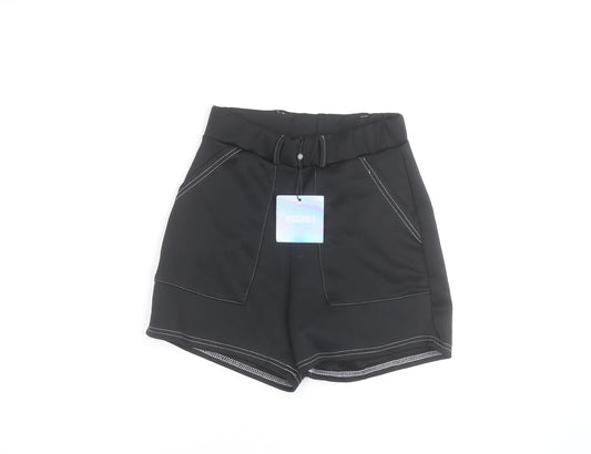 Additional front view of Missguided Women's Black Paperbag Belted Shorts, size 8