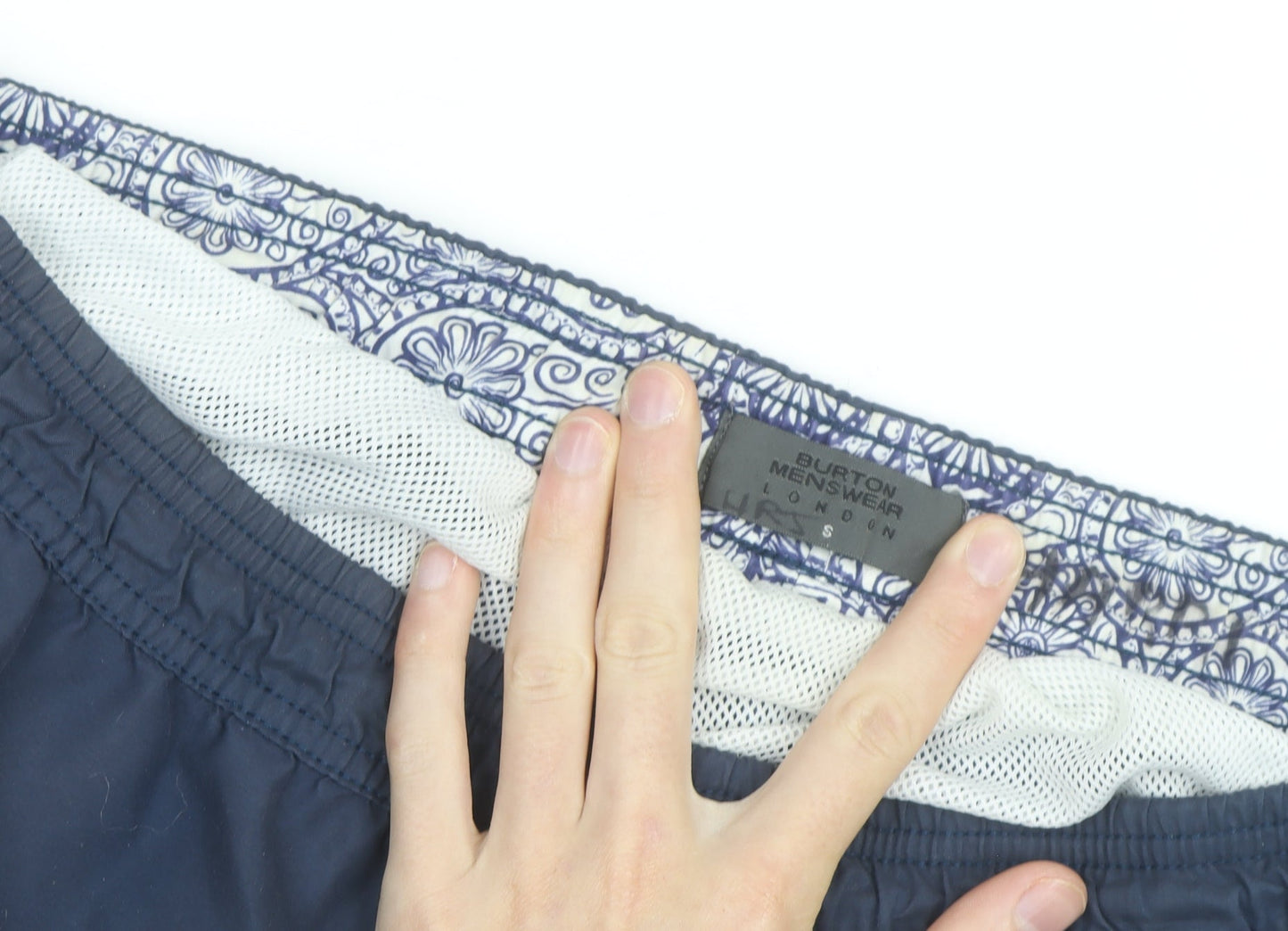 Brand and care label for Burton Menswear London Navy Blue Swim Shorts, size S, Men's Trunks