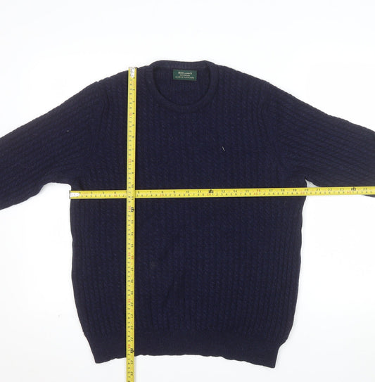 Rowland's Knitwear Men's Blue Wool Cable-Knit Jumper Medium