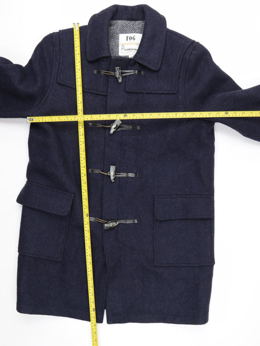 London Fog Men’s Blue Wool Duffle Coat 42R Hooded Classic Mid-Length