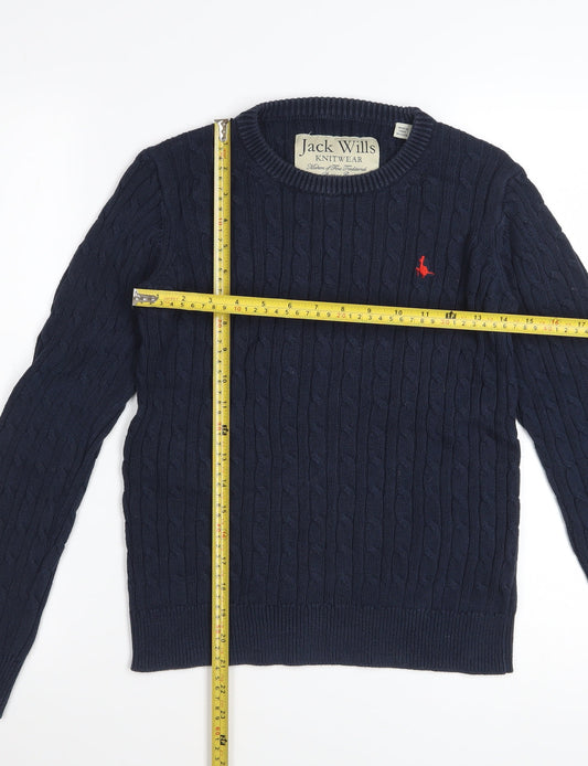 Jack Wills Womens Blue Cable Knit Cotton Jumper UK 10 Classic Crew Neck