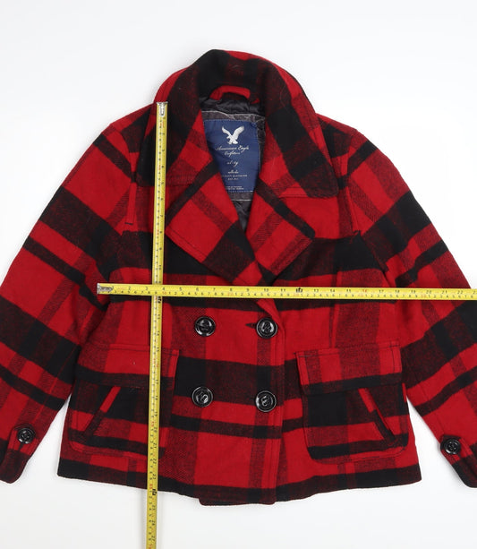 American Eagle Outfitters Women's Red Plaid Wool Blend Pea Coat XL