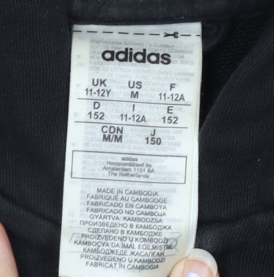Adidas Boys Black Full Zip Hoodie Size 11-12 Years Cotton Blend