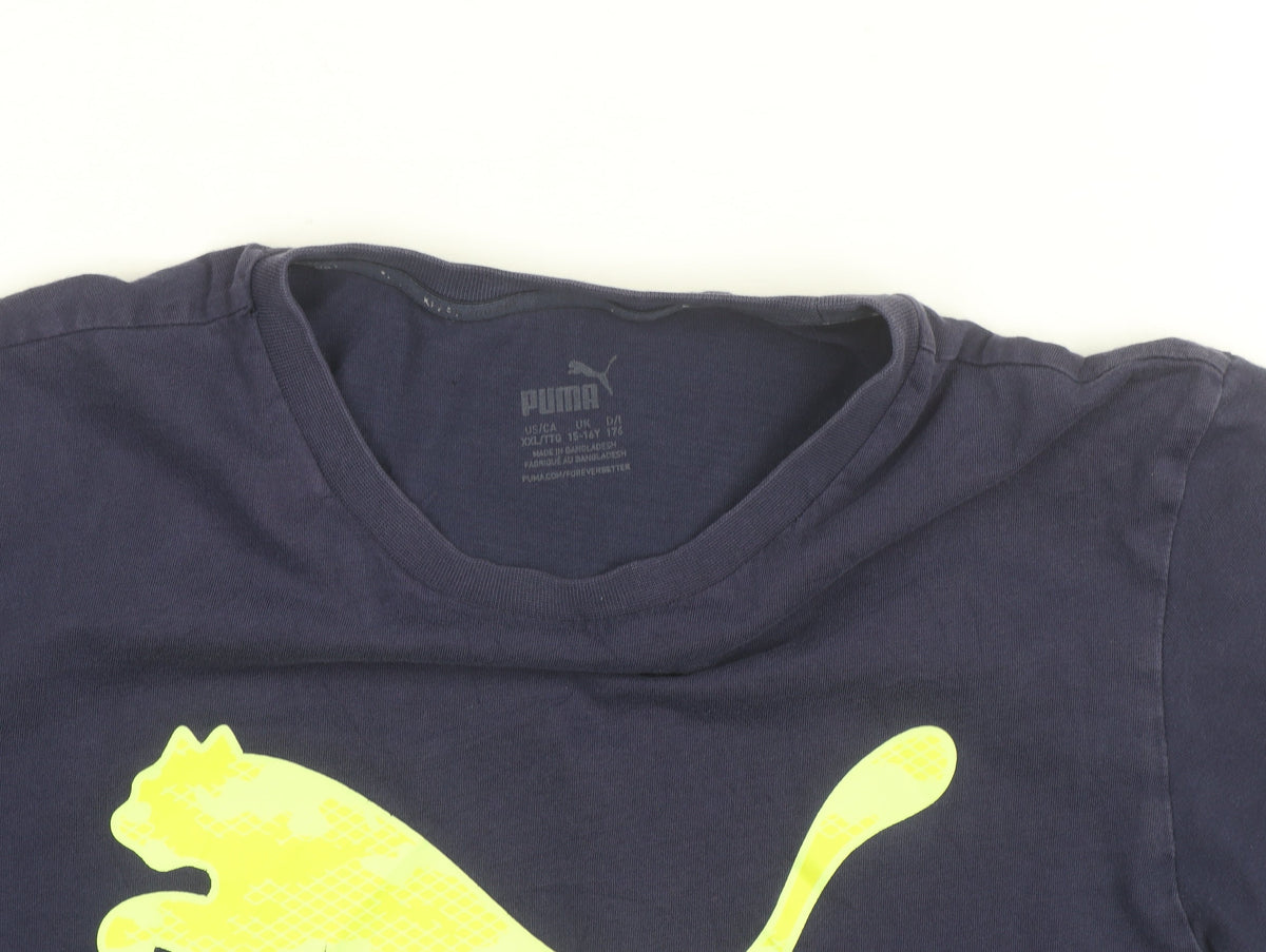 Brand and care label for Puma boys’ blue graphic logo sports t-shirt 15-16 years regular fit