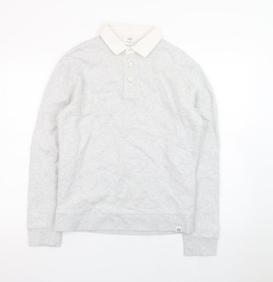 Marks and Spencer Men's Grey Long Sleeve Cotton Polo Shirt Size S