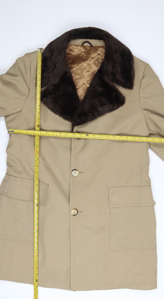 Sears Men’s Beige Long Overcoat 42 Reg Faux Fur Collar Vintage Winter Coat