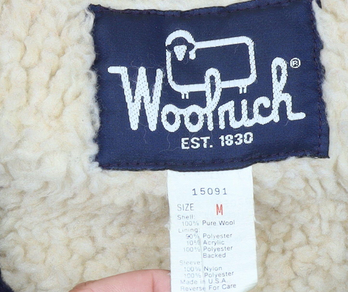 Brand and care label for Woolrich Men's Blue and Red Wool Bomber Jacket M Winter Outdoor