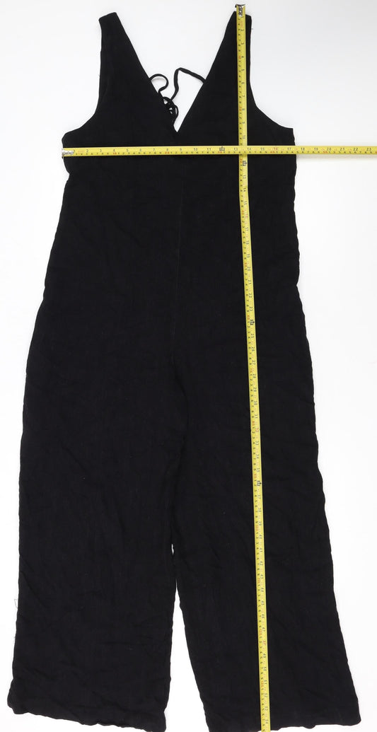 Topshop Women Black Linen Blend Wide Leg Sleeveless Jumpsuit UK 10