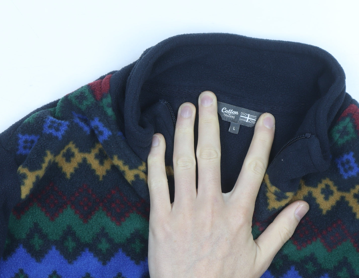 Cotton Traders Men's Blue Fair Isle Fleece 1/4 Zip Pullover Jumper L