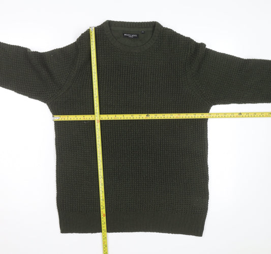 Brave Soul Men's Green Waffle Knit Crew Neck Pullover Jumper Size M