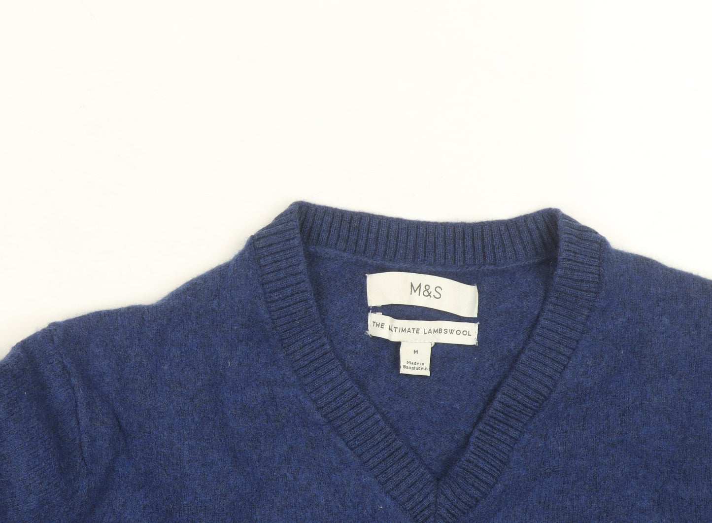 Marks and Spencer Men's Blue Lambswool V-Neck Jumper Medium