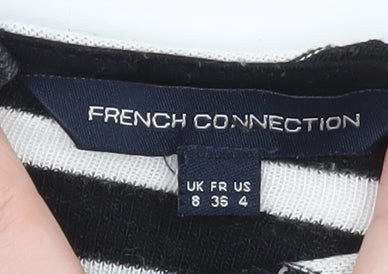 Brand and care label for French Connection Women's Black White Striped Shift Dress, size 8