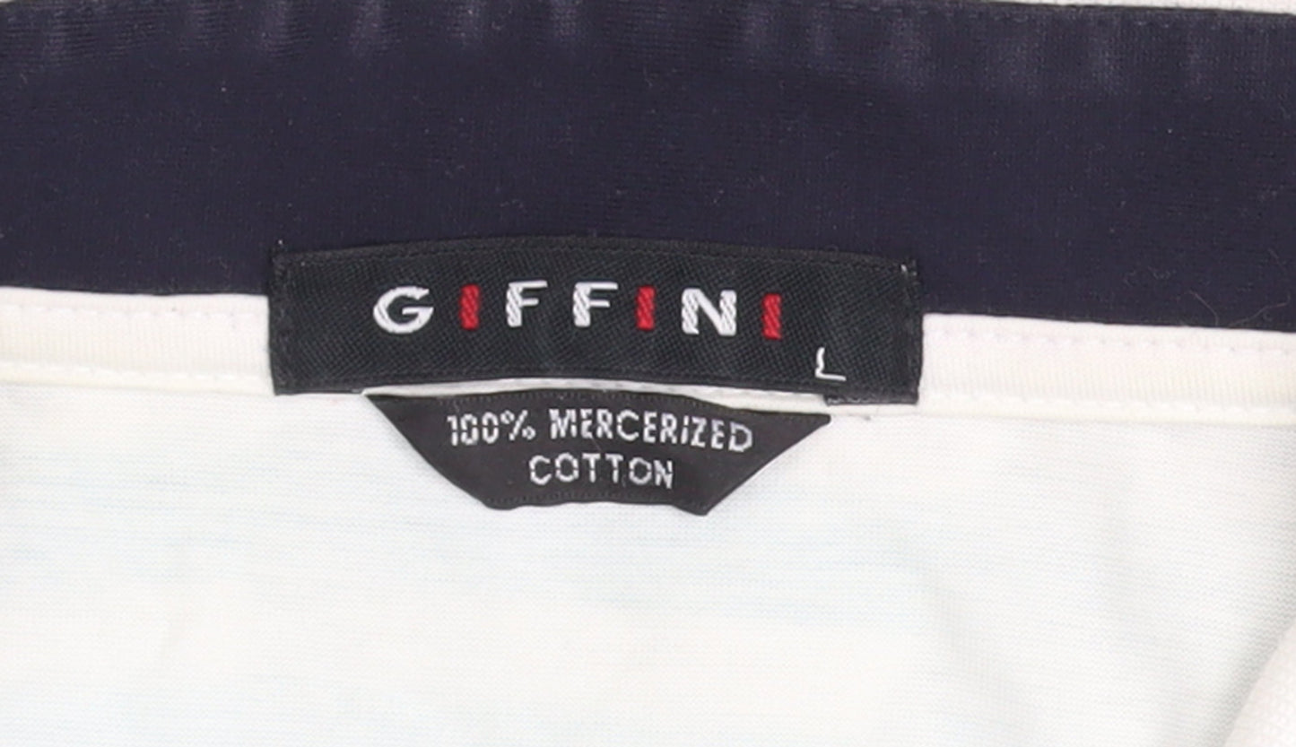 Giffini Men’s White Striped Long Sleeve Cotton Polo Shirt Size L