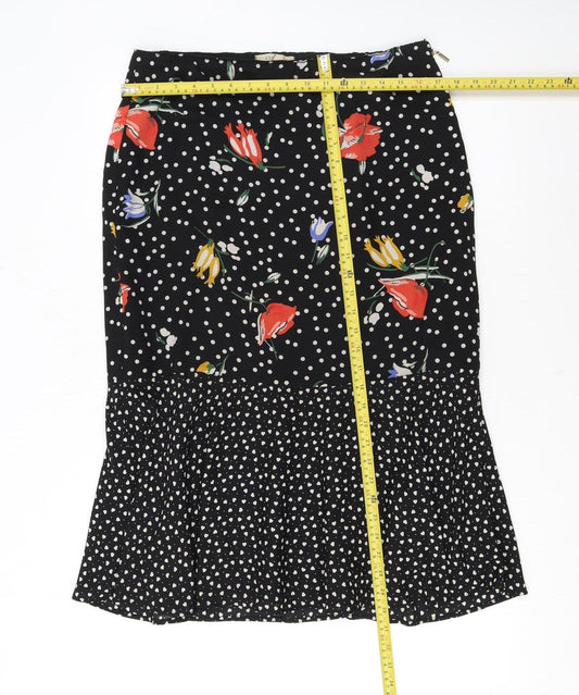Oasis Womens Black Floral Polka Dot Midi Flare Skirt Size 14