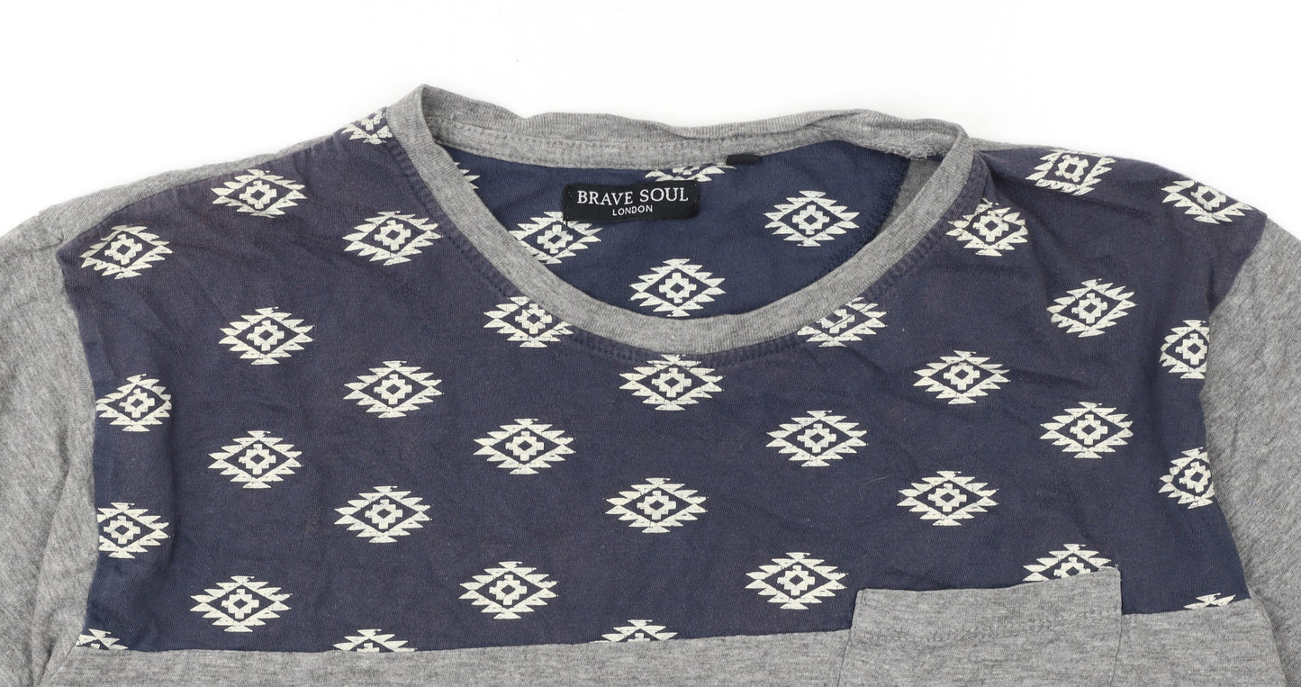 Brave Soul Men's Grey Aztec Panel Crew Neck T-Shirt Size M Regular Fit