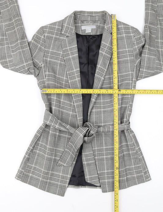 H&M Women Grey Check Belted Blazer Jacket Size 6 Regular Fit