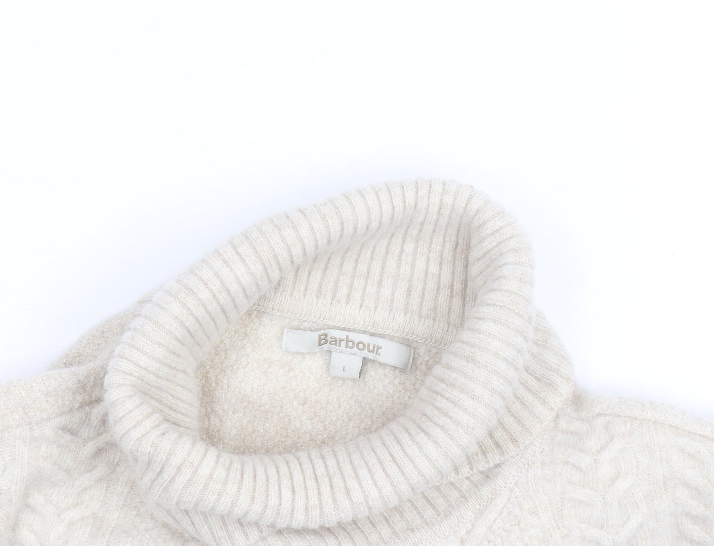 Barbour Women’s Beige Wool Alpaca Roll Neck Cable Knit Jumper L