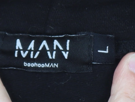 boohooMAN Men's Black Pullover Hoodie L Regular Fit Graphic Logo